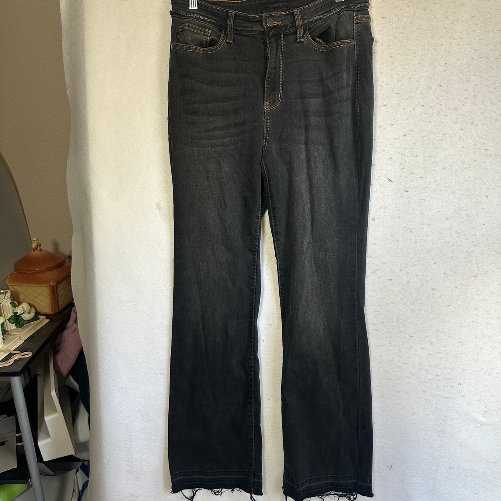 Judy Blue Slim Bootcut Jeans Faded Black Raw Hem Frayed Waistband High Rise 31